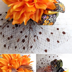 シルクダリア×刺繍リボン×羽根のヘッドドレス （オレンジ系） 3枚目の画像