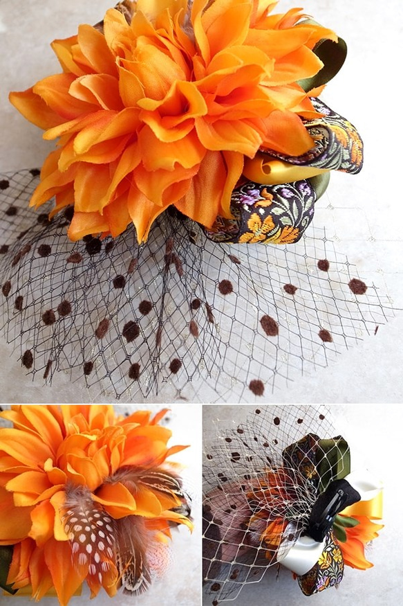 シルクダリア×刺繍リボン×羽根のヘッドドレス （オレンジ系） 3枚目の画像
