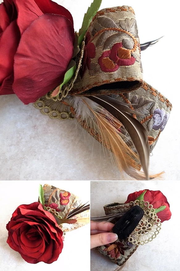 シルクローズ×刺繍リボン×羽根のヘッドドレス （ボルドー系） 3枚目の画像