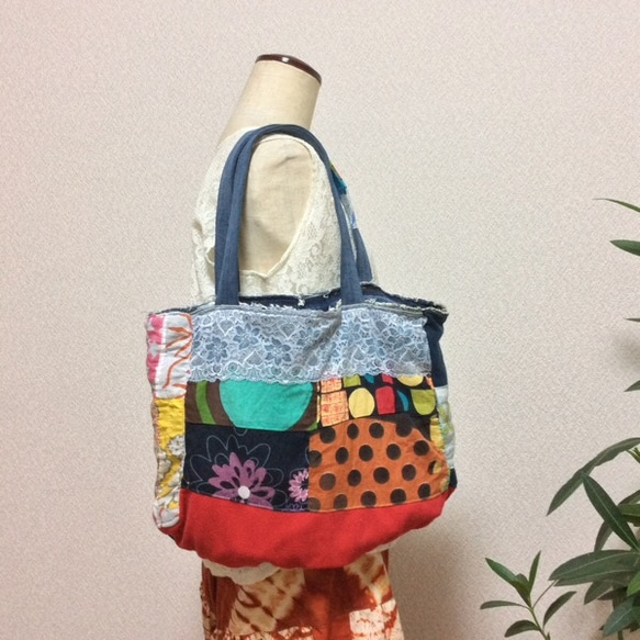 つぎはぎ♪パッチワークのトートバッグ デニムリメイク ポケット
