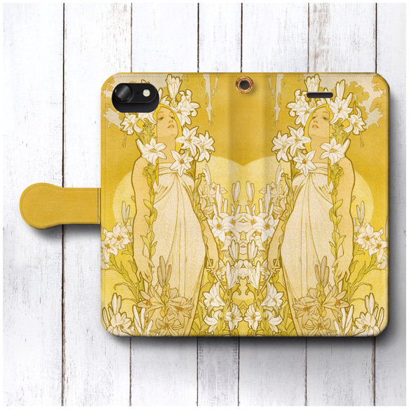 【アルフォンス ミュシャ 四つの花 ユリ】スマホケース手帳型 全機種対応 絵画 iPhone11 iPhoneXR Ga 1枚目の画像