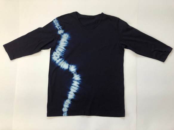 本藍染め　綿ニットTシャツ　７分袖（Ｆ）T-003 2枚目の画像