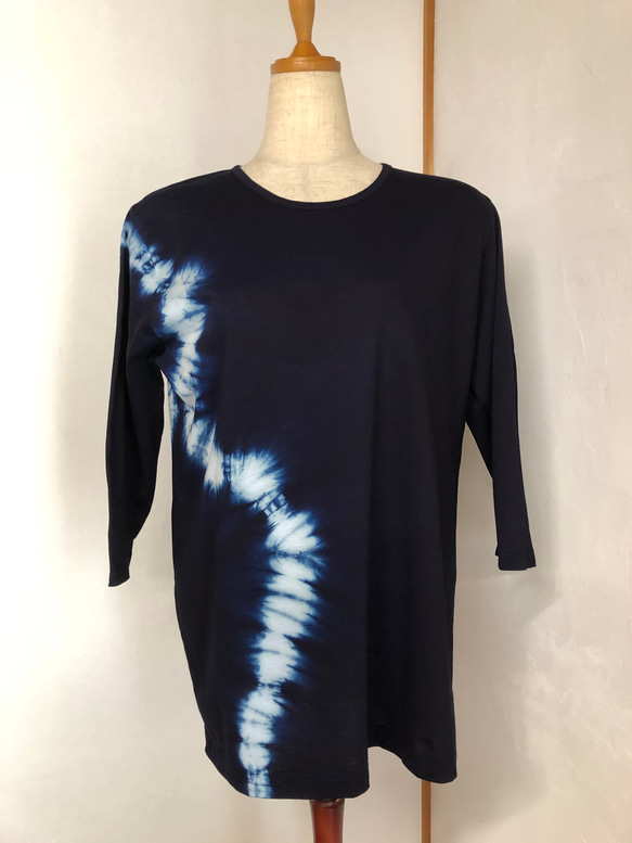 本藍染め　綿ニットTシャツ　７分袖（Ｆ）T-003 4枚目の画像