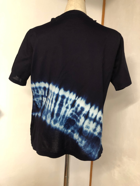 本藍染め　綿ニットTシャツ　ボートネック　半袖（Ｆ）スリット入り T-011 3枚目の画像