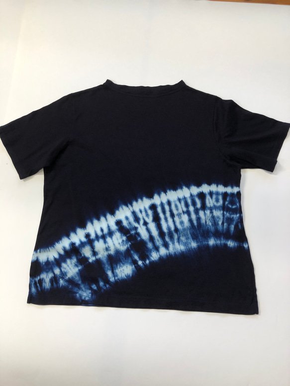本藍染め　綿ニットTシャツ　ボートネック　半袖（Ｆ）スリット入り T-011 4枚目の画像
