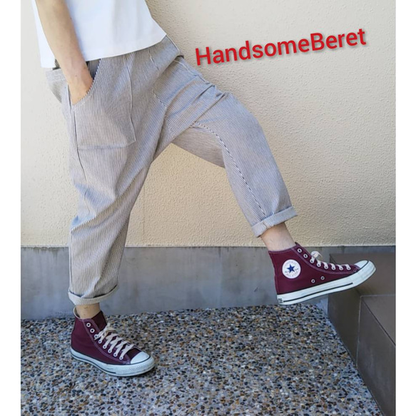 【岡山デニムヒッコリー７オンス細ストライプ】サルエルパンツ ／ストレッチ ／選べるポケット ／選べる サイズ 3枚目の画像