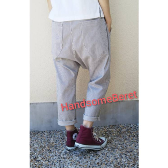 【岡山デニムヒッコリー７オンス細ストライプ】サルエルパンツ ／ストレッチ ／選べるポケット ／選べる サイズ 4枚目の画像