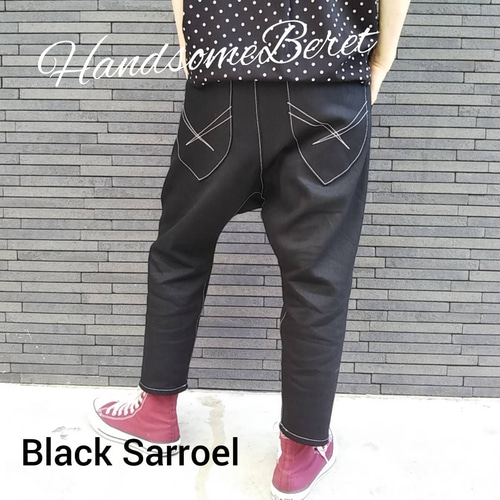 ❇︎ハンドメイド❇︎もんぺパンツ　サルエルタイプ　デニムリネン　ブラック　L サルエルデニムパンツ｜パンツ - Fashion Letter