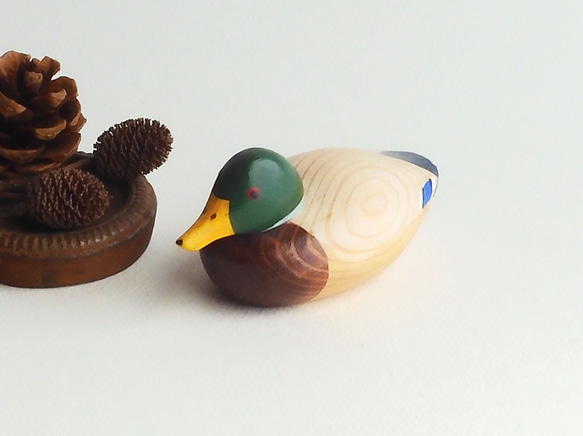 ミニデコイ マガモ オス(★台付き) mini decoy / wooden mallard duck 1枚目の画像