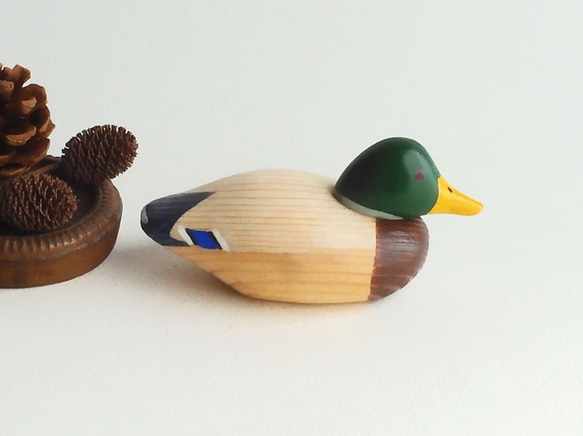 ミニデコイ マガモ オス(★台付き) mini decoy / wooden mallard duck 4枚目の画像