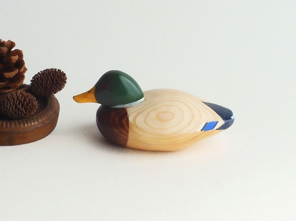 ミニデコイ マガモ オス(★台付き) mini decoy / wooden mallard duck 6枚目の画像