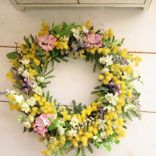 ミモザ パンジー 春のお花mixリース ナチュラル インテリア 玄関 