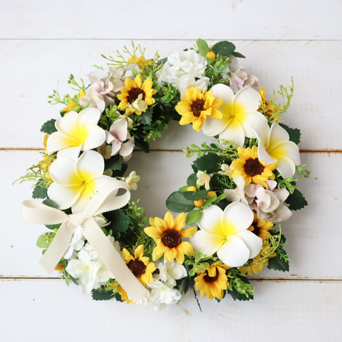 季節のリース プルメリア＆向日葵リース インテリア 玄関リース お見舞
