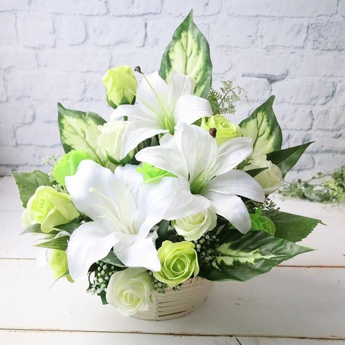 仏花 お供え花 初盆 造花 白百合 白胡蝶蘭アレンジ ✿仏花〜胡蝶