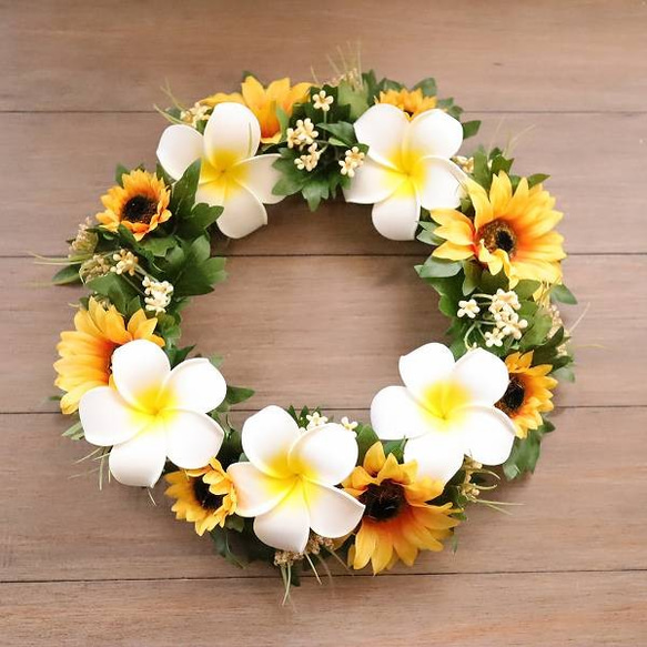 季節のリース プルメリア＆向日葵リース インテリア 玄関リース お見舞