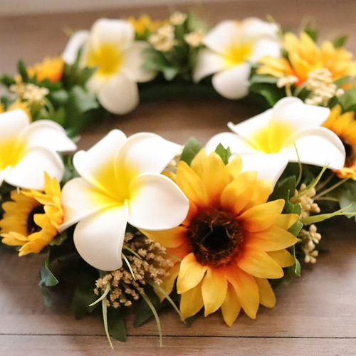 季節のリース プルメリア＆向日葵リース インテリア 玄関リース お見舞