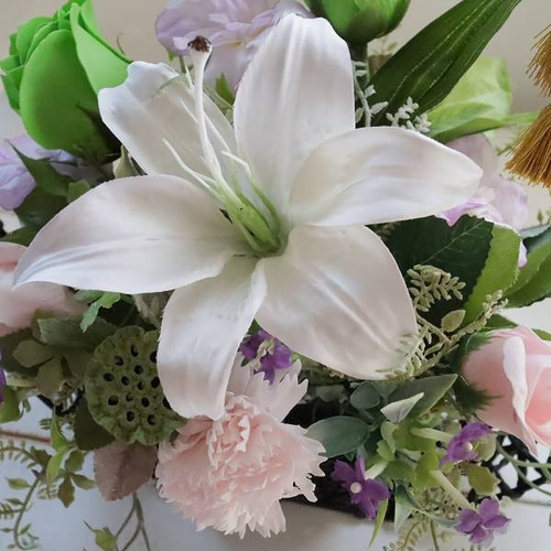 新盆 お供え フラワーアレンジメント 百合 造花 ソープフラワー