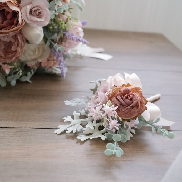 柔らかアンティークカラー　クラッチブーケ　ブトニア付　前撮り　撮影　パーティ　178 6枚目の画像