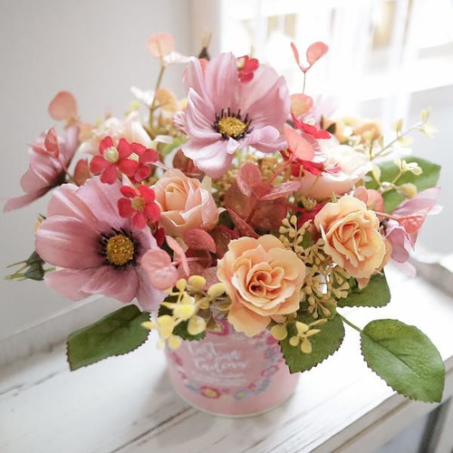 アーティフィシャルフラワー 造花アレンジメント ピンクオレンジ