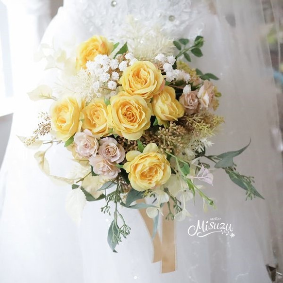 イエローローズ カスミソウ クラッチブーケ フォトウェディング ブーケ