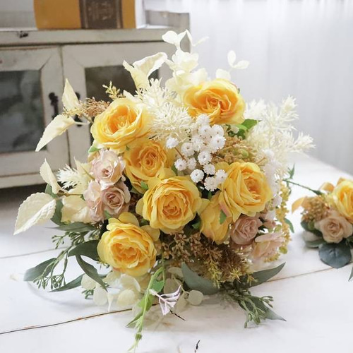 イエローローズ カスミソウ クラッチブーケ フォトウェディング ブーケ