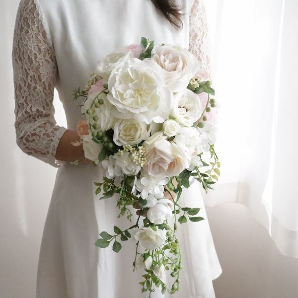上質オールドローズのキャスケードブーケ&ブトニアセット(造花)　ほんのりパステル　前撮り　海外挙式　224