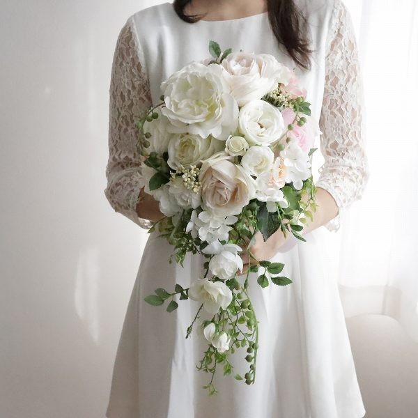 上質オールドローズのキャスケードブーケ&ブトニアセット(造花)　ほんのりパステル　前撮り　海外挙式　224