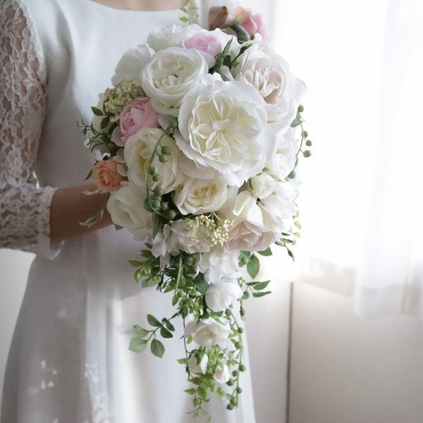 上質オールドローズのキャスケードブーケ&ブトニアセット(造花)　ほんのりパステル　前撮り　海外挙式　224