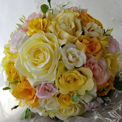 ハッピーイエローのパステルブーケ(造花) ブーケ&ブートニアセット  