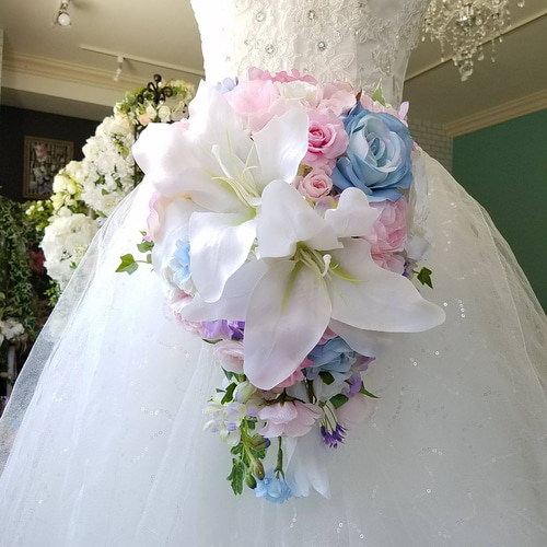 ウエディングブーケとブートニア&髪飾りセット パステルカラー 二次会  