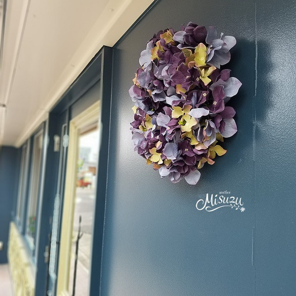 *misuzu* リース　秋色紫陽花アンティークカラー　玄関　ギフト　シックに！　メッセージ承ります 3枚目の画像