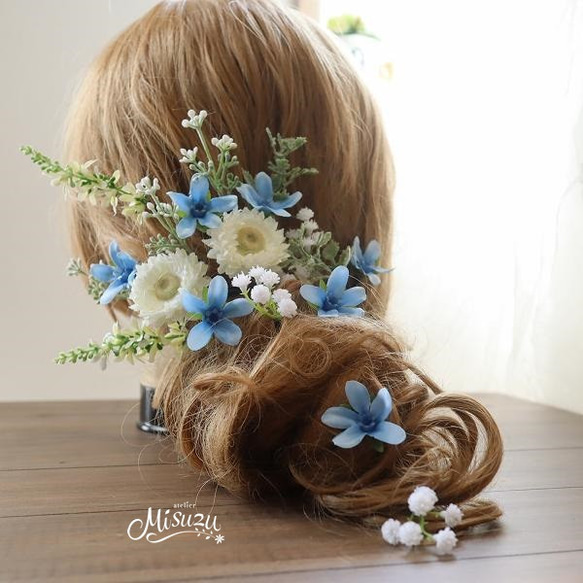 *misuzu*ブルースター　ナチュラルフラワー　小花系　シルバーリーフ　ガーデンパーティ　結婚式　　ヘッドドレス　 1枚目の画像