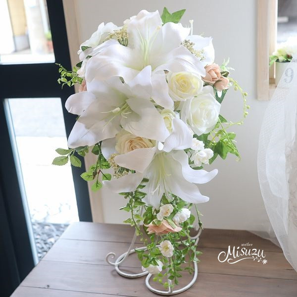 正統派カサブランカと薔薇のキャスケードブーケ　ウェディング　前撮り　2次会　116