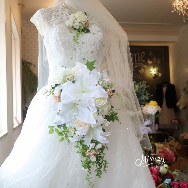 正統派カサブランカと薔薇のキャスケードブーケ　ウェディング　前撮り　2次会　116