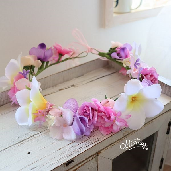 花冠　ピンク～ラベンダー　プルメリア　南国　　パステル　ウェディング　ロケフォト　前撮り　インスタ