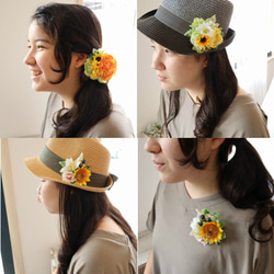麦藁帽にアクセントを　ヘッドコサージュ　ミニ向日葵のコサージュ　1点もの 5枚目の画像