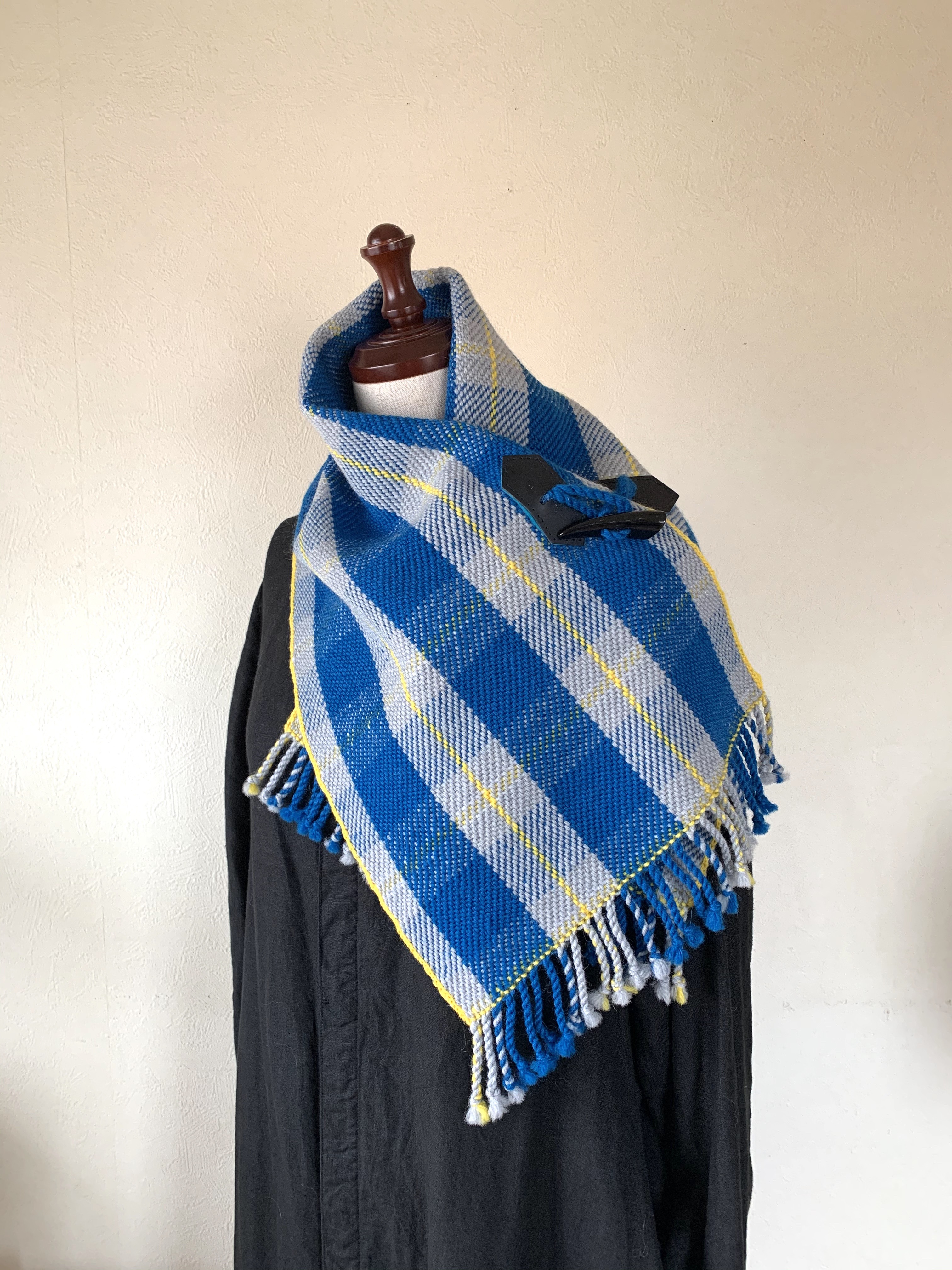 チェック トグルマフラー2号（青×グレー×黄）