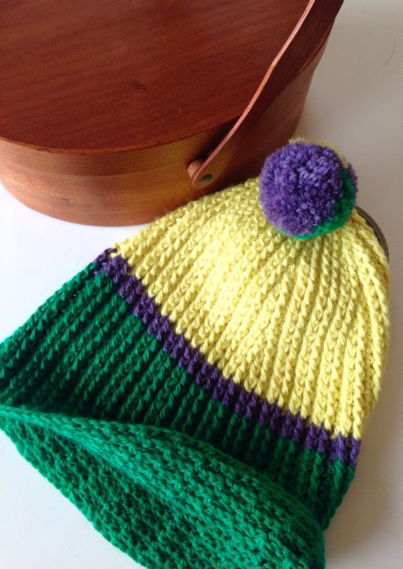 3色ニット帽(黄色/緑/紫)☆取り外し可能なポンポン付き☆ 2枚目の画像