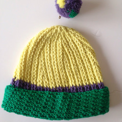 3色ニット帽(黄色/緑/紫)☆取り外し可能なポンポン付き☆ 4枚目の画像