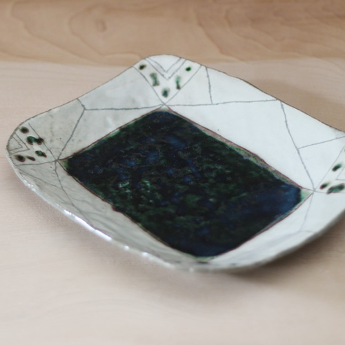 織部+粉引長角皿 S112 和食器 陶芸 美濃焼 織部焼き カレー皿