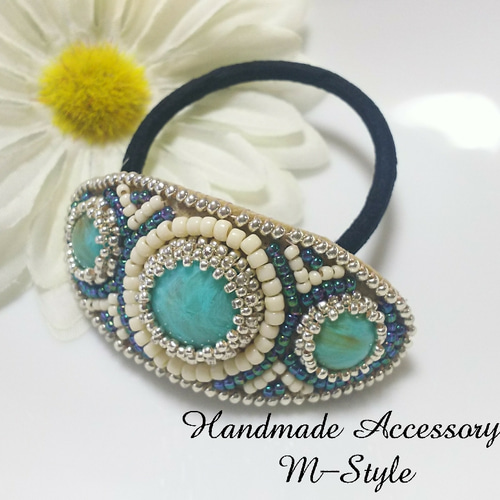 ＊オーバルビジュー　ビーズ刺繍ヘアゴム＊ 再販】ビーズ刺繍 オーバルヘアゴム シルバー ヘアゴム M-Style