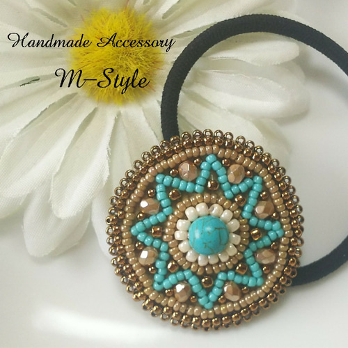 天然石ビーズ刺繍ヘアゴム ターコイズ ヘアゴム M-Style by.chee 通販 