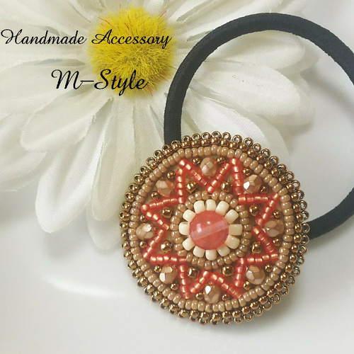 天然石ビーズ刺繍ヘアゴム カーネリアン ヘアゴム M-Style by.chee 