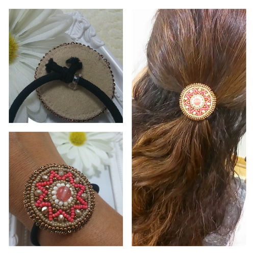 天然石ビーズ刺繍ヘアゴム カーネリアン ヘアゴム M-Style by.chee 