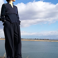 Geometric lace switching wide pants navy 7枚目の画像