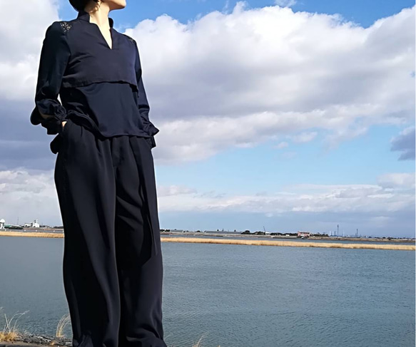 Geometric lace switching wide pants navy 7枚目の画像