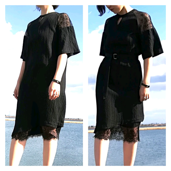 eyelash lace switching silk dress 2枚目の画像