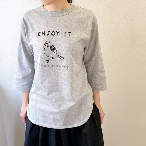 七分袖Tシャツ 鳥Tシャツ すずめ グレー 送料無料 ロンT レディース T