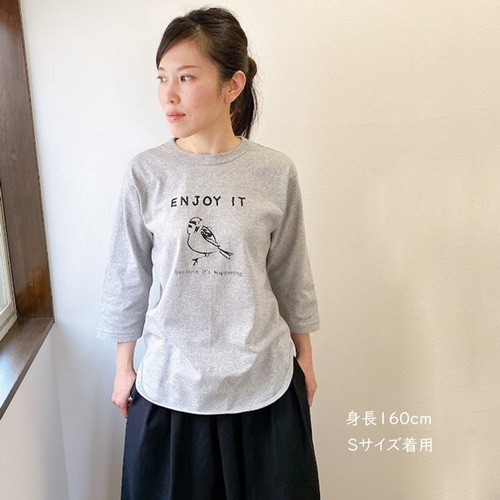 七分袖Tシャツ 鳥Tシャツ すずめ グレー 送料無料 ロンT レディース T