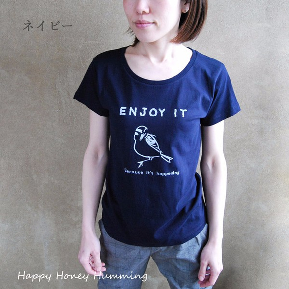 鳥Ｔシャツ　すずめ　enjoy it　ネイビー　オリジナルtシャツ　送料無料 1枚目の画像